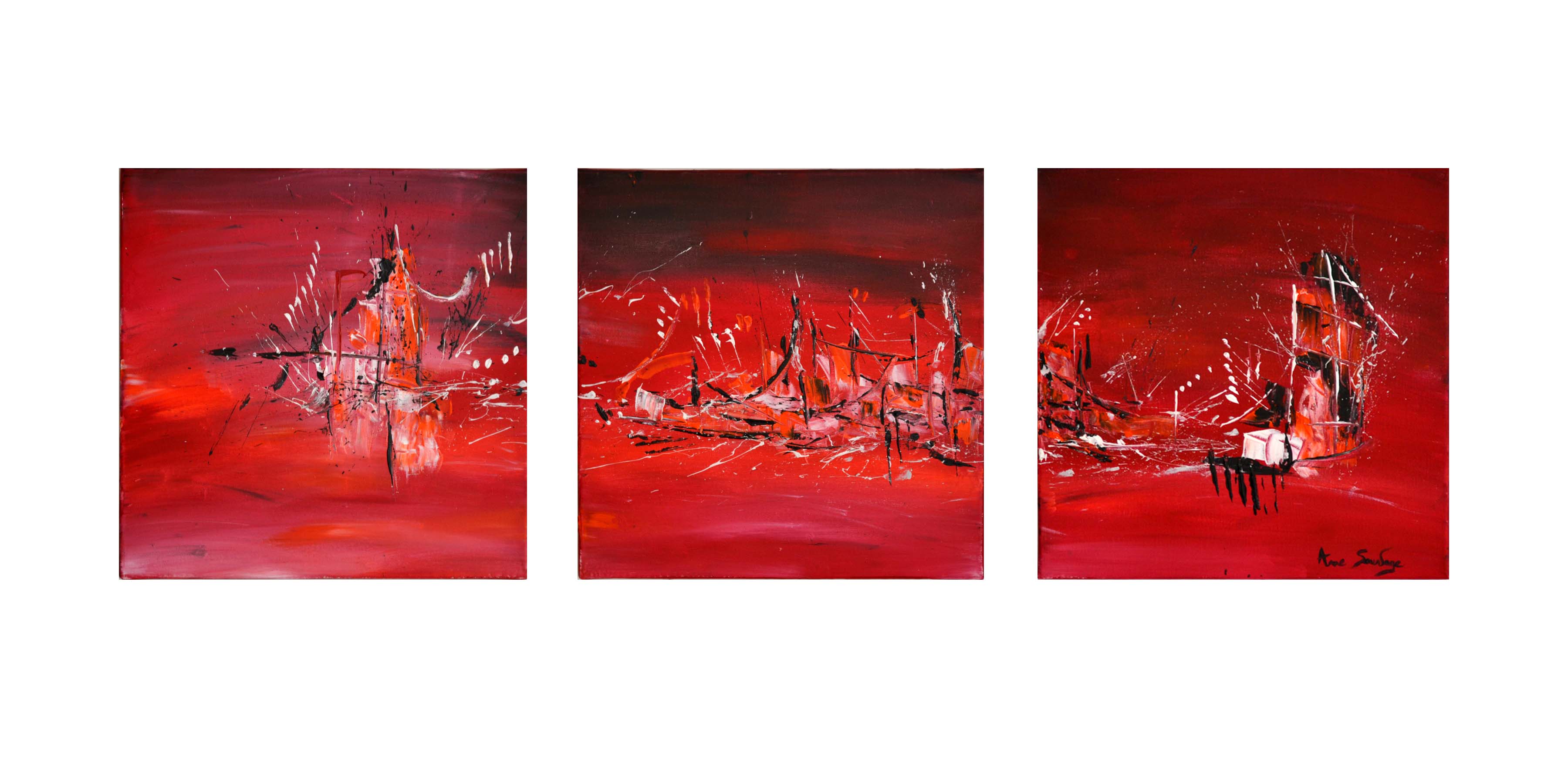 Tableau triptyque abstrait rouge noir blanc design Peinture